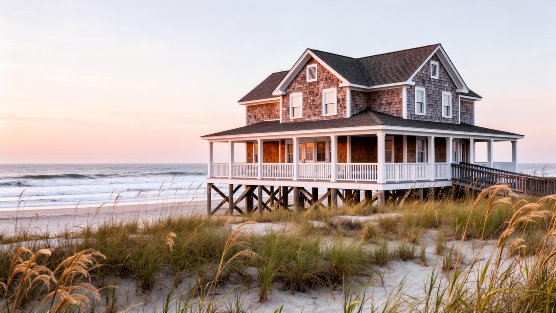A coastal beach cottage on the North Carolina shore at sunrise
